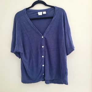 H Halston Navy Linen Short Sleeve Button Front Cardigan